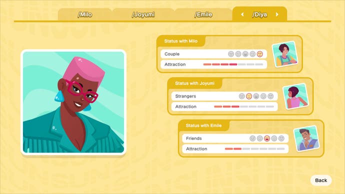 A menu screen featuring character profiles in The Crush House.