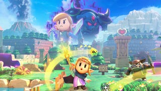 Artwork of Zelda: Echoes of Wisdom showing Princess Zelda waving a wand in front of cartoon Hyrule, with Link and Ganon in clouds in the sky